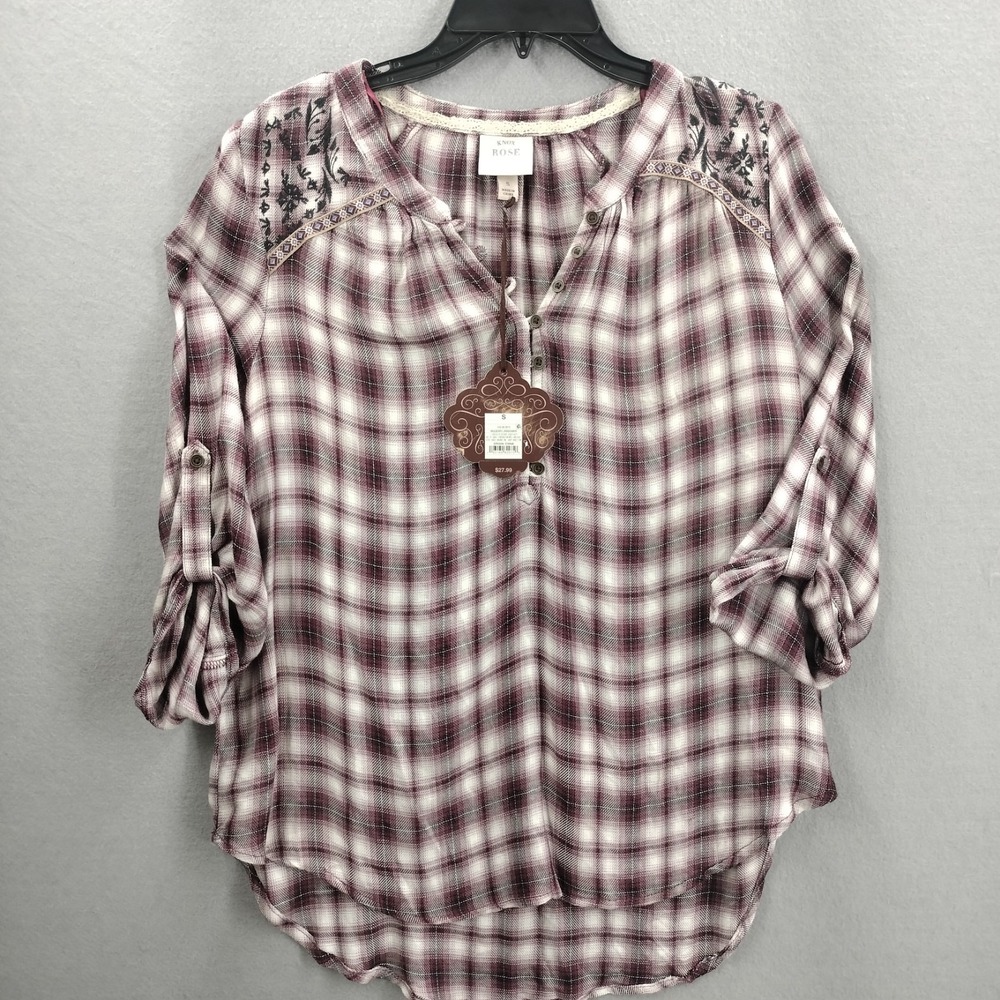Knox Rose Plaid Embroidered Tunic Top Women Small Burgundy White Roll Tab Sleeve
